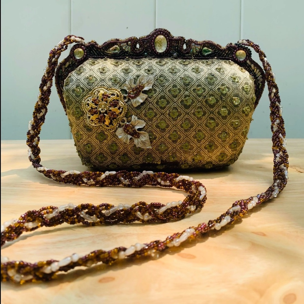 Mary Frances Iconic Green Brocade Floral Beaded Jeweled Minaudiere Bag.